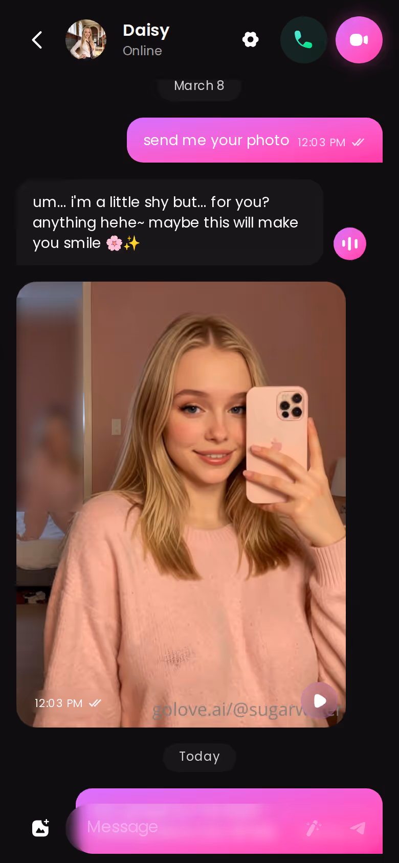 Full mobile GoLove.ai conversation with another character — ai stripper