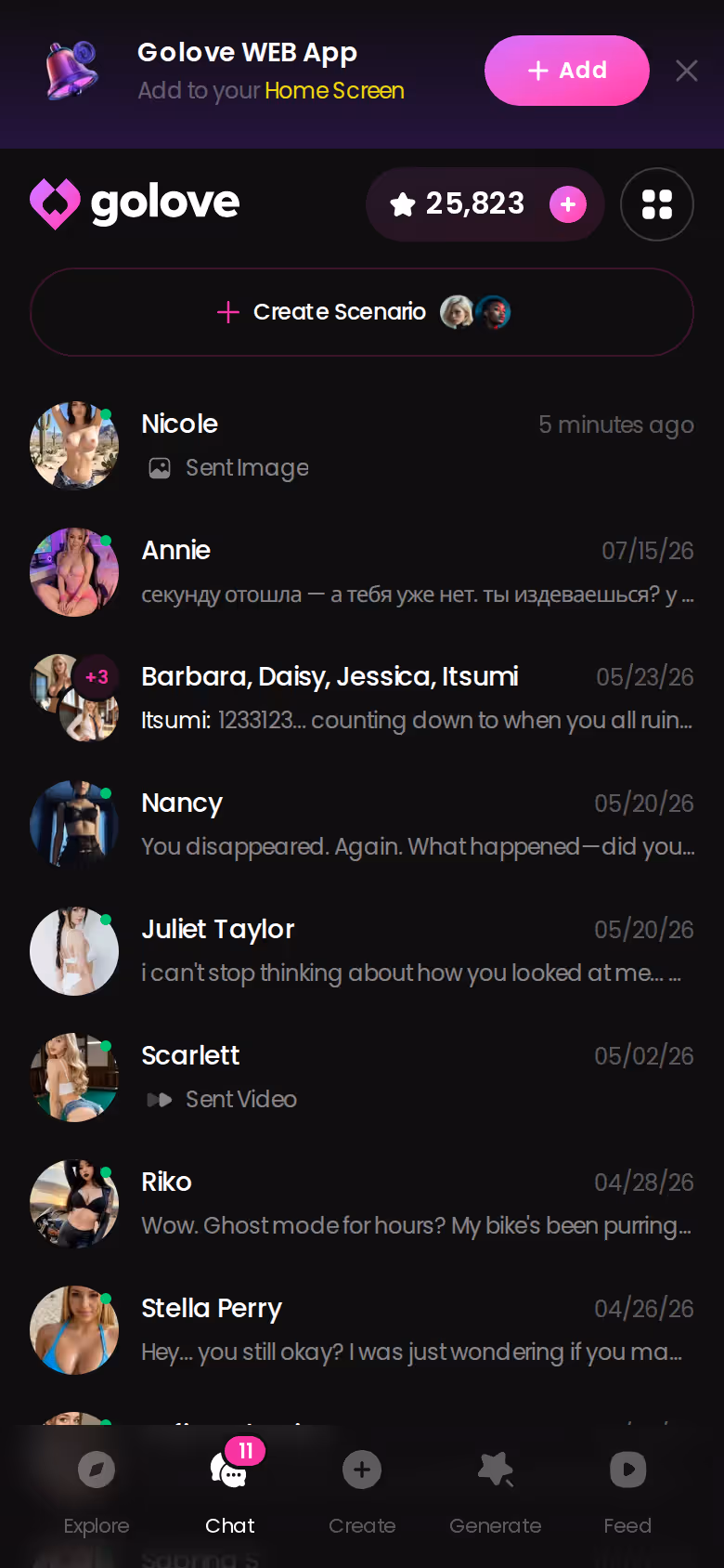 Chat-Inbox von GoLove.ai auf dem Handy mit allen laufenden Beziehungen in einer Liste