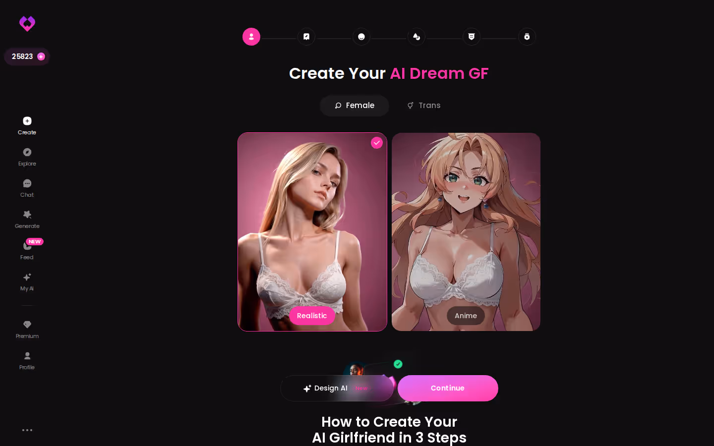 Erstellen-Assistent von GoLove.ai am Desktop mit Auswahl zwischen Realistic und Anime