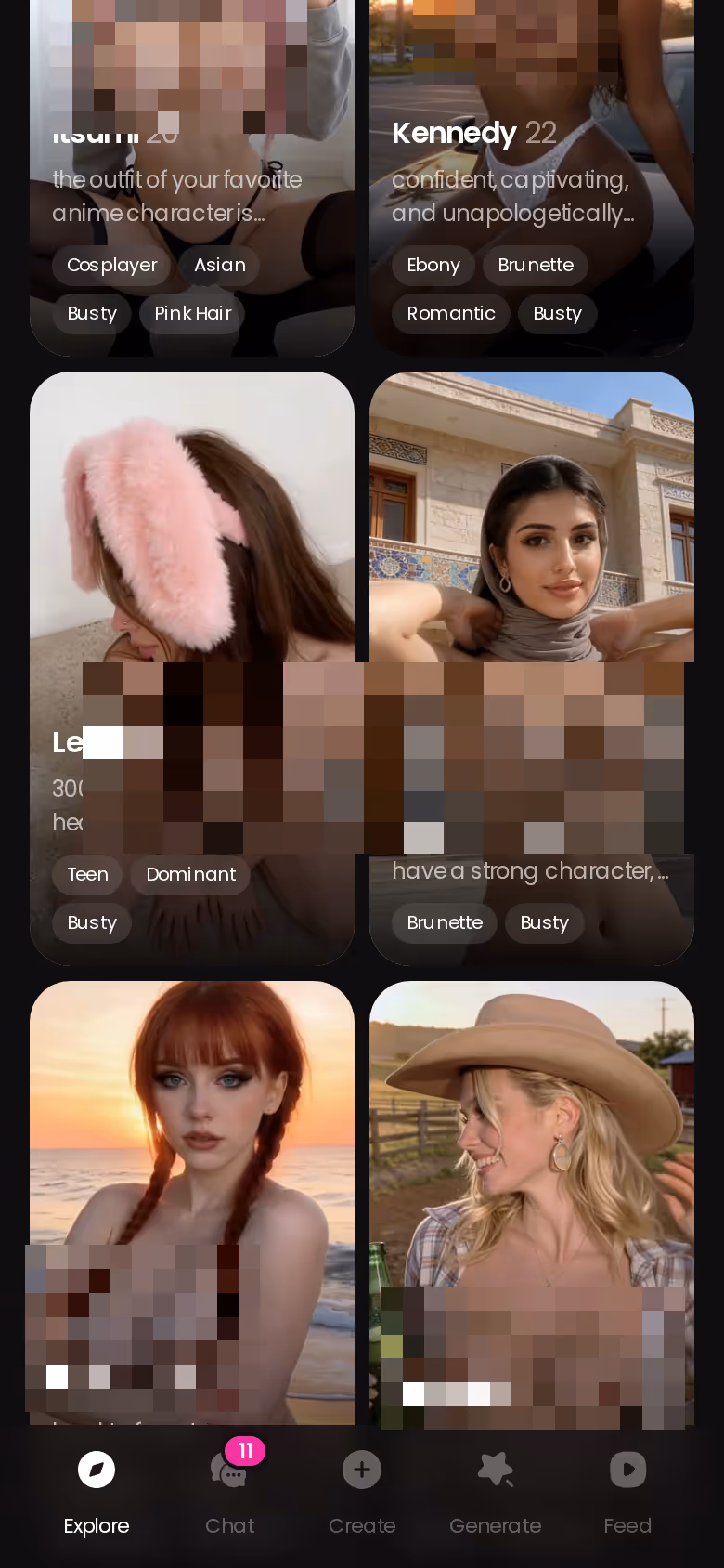 Explore-Ansicht von GoLove auf dem Handy mit realistischen Charakteren zur direkten Chat-Auswahl