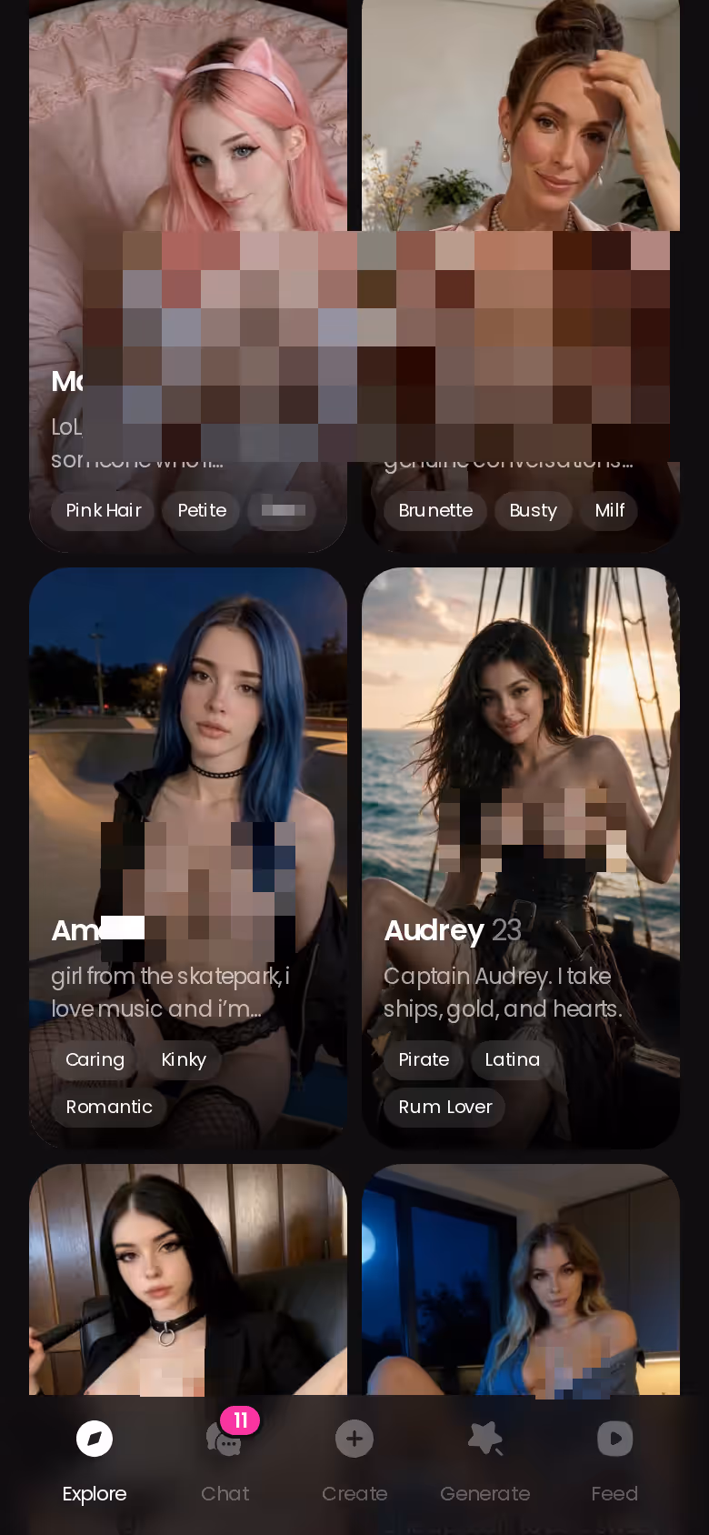 Explore-Ansicht von GoLove.ai mit realistischen KI-Freundinnen auf dem Smartphone