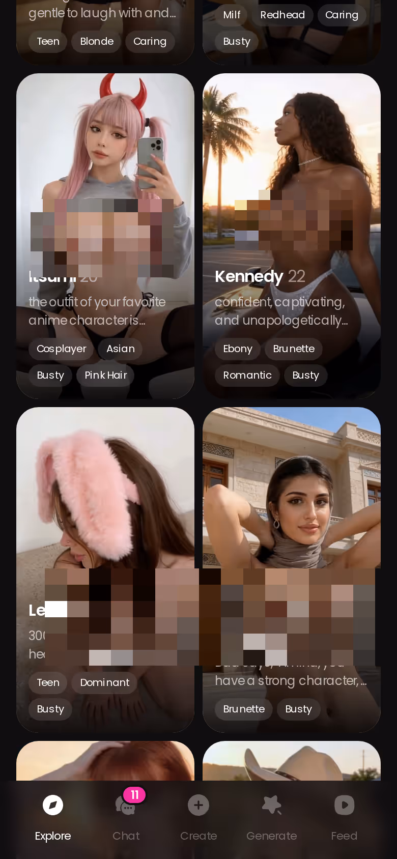 Explore-Tab von GoLove.ai auf dem Handy mit realistischen KI-Freundinnen zum sofortigen Chatstart