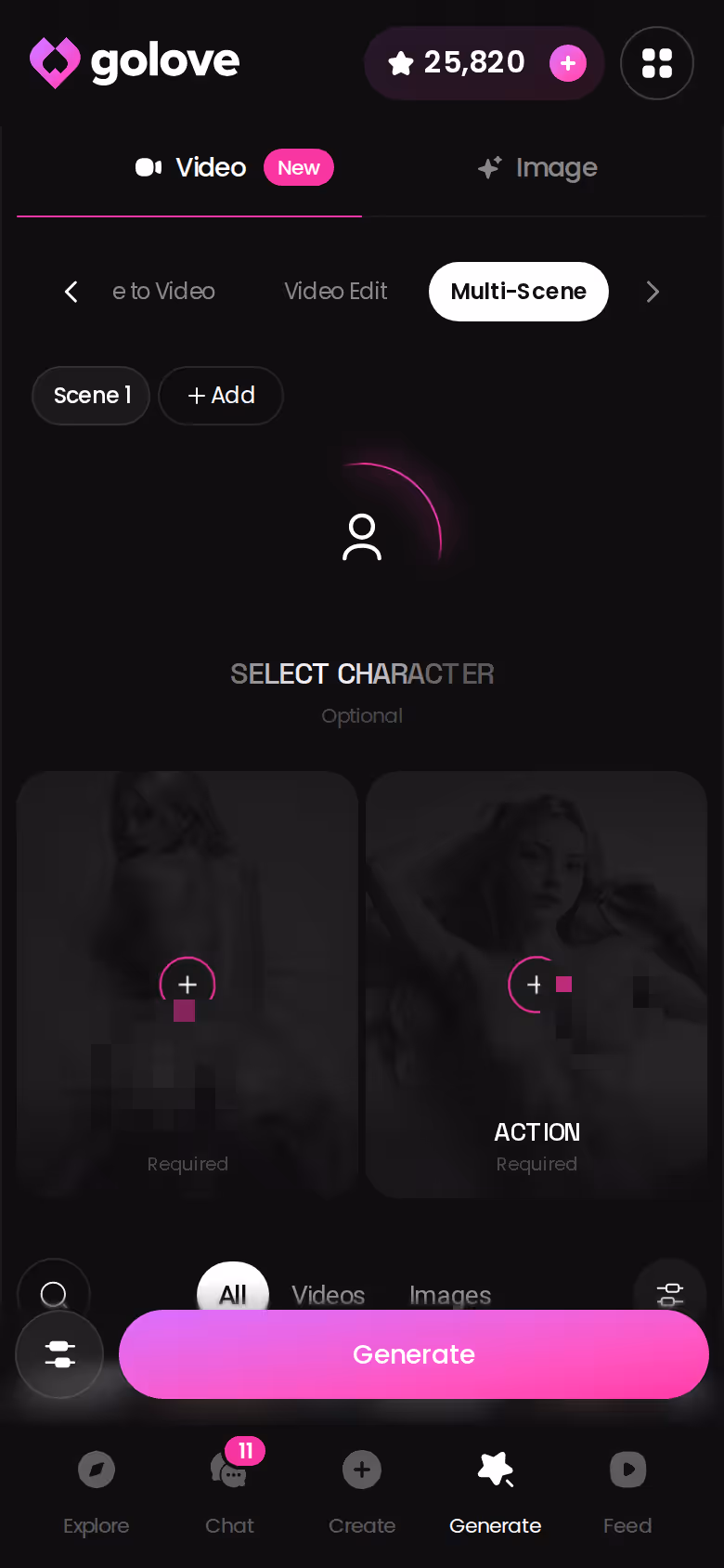 Video-Generator von GoLove.ai mit Preset-Karten für Aktion, Kleidung und Hintergrund auf dem Smartphone