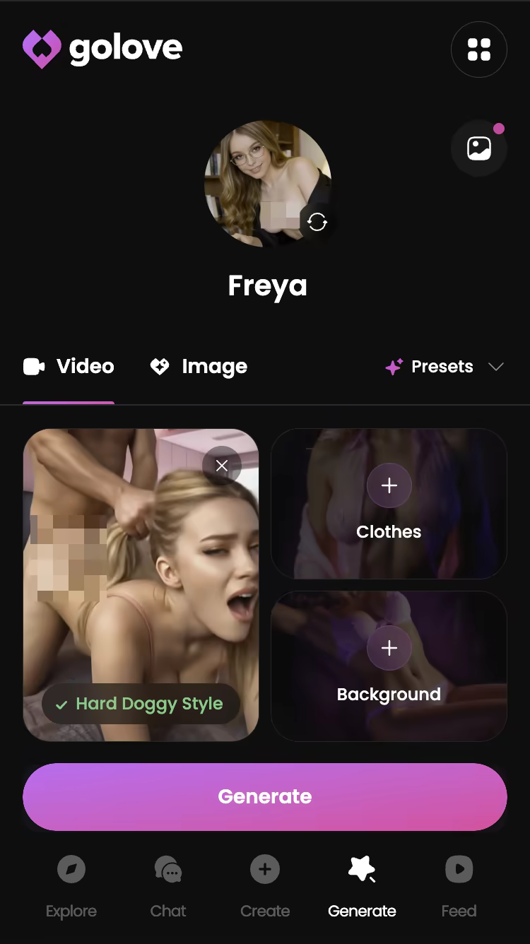Explicit action preset selected in the GoLove.ai video generator — best uncensored nsfw ai image generators 2026