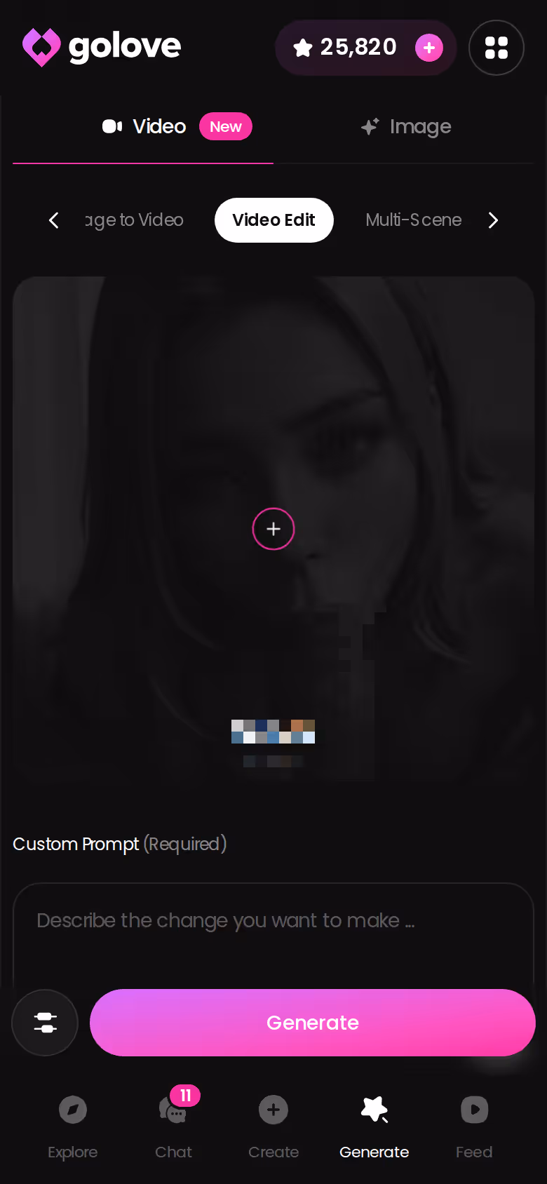 Mobiler Video-Generator auf GoLove.ai mit Preset-Karten für Aktion, Kleidung und Hintergrund
